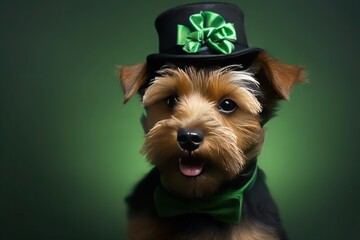 puppy wearing green signs and attributes for St. Patrick's Day