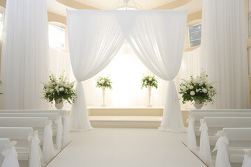 A wedding chapel decorated with white drapery and flowers awaiting the ceremony.