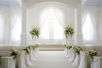 A wedding chapel decorated with white drapery and flowers awaiting the ceremony.
