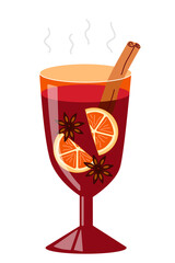Glass of hot mulled wine with anise stars, cinnamon and orange slices. Vector flat illustration isolated on white background. 