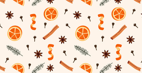 Seamless pattern of mulled wine spices, anise stars, cinnamon, fir branches, orange slices, zest, cloves. Hot drink recipe ingredients. Vector wallpaper.  - obrazy, fototapety, plakaty