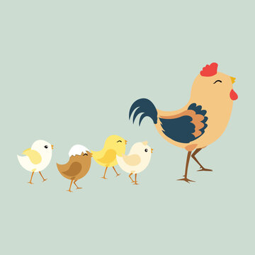 Easter cartoon cute with farm chicken vector isolated. funny different small chicks and mother hen