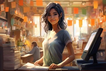 Asian Woman Illustration Cashier Job Professional Backdrop Generative AI - obrazy, fototapety, plakaty