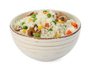 Bowl of delicious rice with vegetables isolated on white