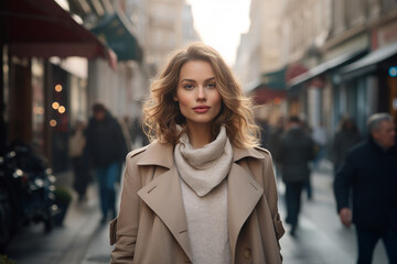 Fototapeta premium Generative ai photo of a lovely glamour woman walking in city sunny weather outside