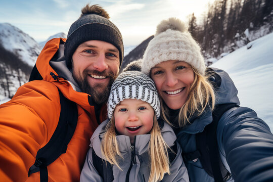 Generative AI picture of amazing young family three members traveling together mom dad son daughter hiking winter woods
