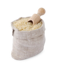 Raw rice in sack isolated on white