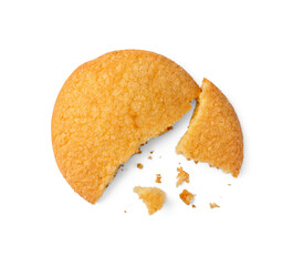 Broken tasty Danish butter cookie isolated on white, top view