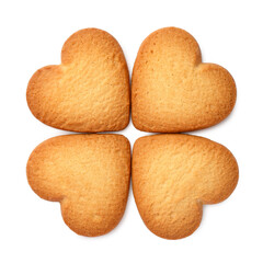 Tasty heart shaped Danish butter cookies isolated on white, top view