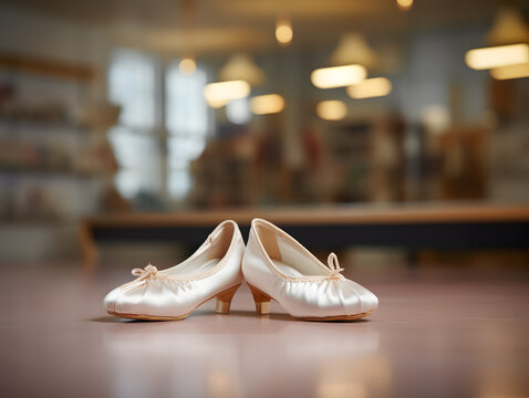 Detailed capture of a pair of ballet shoes with a gently out-of-focus dance studio setting behind.
