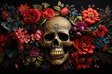 Human skull and flowers on a black background santa muerto mexican day traditional embroidery pattern generative AI