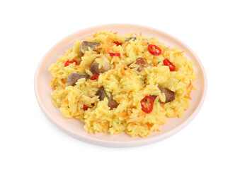 Delicious pilaf with meat isolated on white