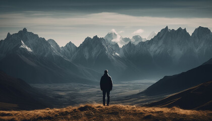 Standing silhouette, one person, mountain peak, hiking, adventure, outdoors generated by AI