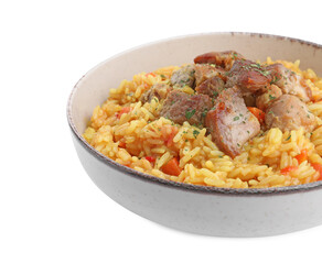 Delicious pilaf with meat isolated on white