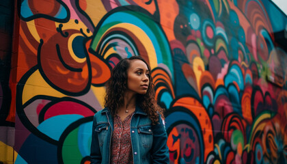 Young adult woman with brown curly hair standing outdoors smiling generated by AI