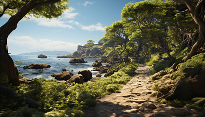 Fototapeta na wymiar Tranquil scene: nature beauty, water edge, sunset, green tree, peaceful generated by AI