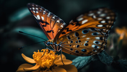 Vibrant butterfly wing in multi colored pattern, focus on foreground plant generated by AI