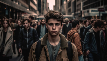 Young adult walking in city, confident fashion model looking at camera generated by AI