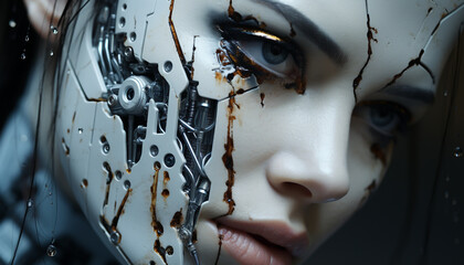 Caucasian woman wet face, futuristic robot eye, beauty product working generated by AI