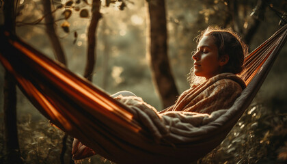 A serene woman enjoys tranquil swing, reading book in nature generated by AI - obrazy, fototapety, plakaty