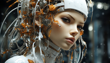 Fototapeta premium Futuristic cyborg woman, a beauty of technology, looking at camera generated by AI