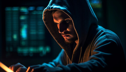 Hooded thief, a young adult burglar, typing password, stealing data generated by AI