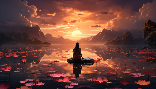 Women meditating in lotus position, finding tranquility in nature beauty generated by AI