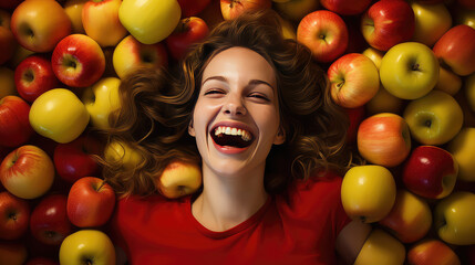 Fototapeta na wymiar Portrait of a smiling young pretty woman against a background of many fresh delicious apple. Lots of apples, horizontal banner. 