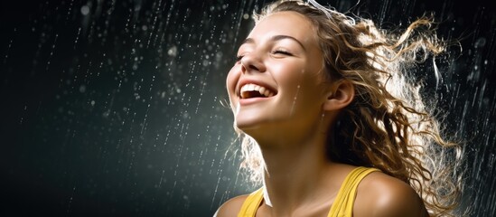 Caucasian woman joyfully dancing in the summer rain with water droplets With copyspace for text