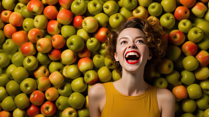 Fototapeta na wymiar Portrait of a smiling young pretty woman against a background of many fresh delicious apple. Lots of apples, horizontal banner. 