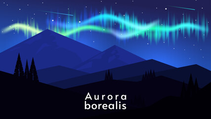 Vector abstract background. Minimalist style. Flat design illustration. Aurora with stars, mountains, hills and trees. Design for wallpaper, background. 