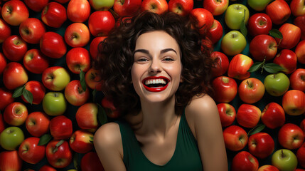 Fototapeta na wymiar Portrait of a smiling young pretty woman against a background of many fresh delicious apple. Lots of apples, horizontal banner. 