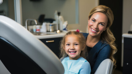 Fototapeta premium Smiling dentist and a small child at a dental clinic appointment