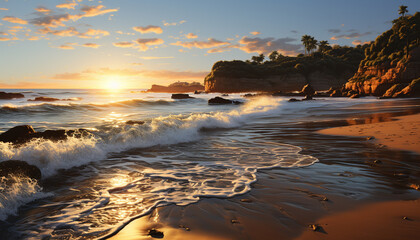 Sunset over the tranquil coastline, waves crashing on sandy shores generated by AI
