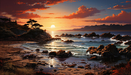 Obraz premium Tranquil sunset over water, nature beauty reflected in twilight sky generated by AI