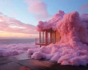 As the winter sun sets over the beach, a surreal house covered in pink cotton candy stands amidst a landscape of foam clouds and smoke, evoking a feeling of whimsy and wonder - obrazy, fototapety, plakaty