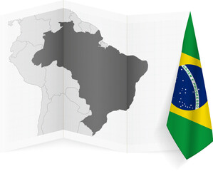 Brazil grayscale map and hanging flag.