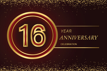 16th anniversary logo with gold double line style decorated with glitter and confetti Vector EPS 10