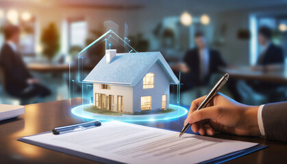 Businessman signing a real estate deal contract. Miniature model house on the table. Real estate or new house concept.