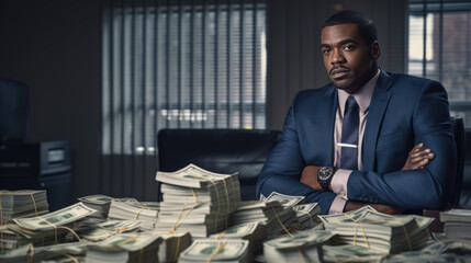 Successful businessman sits at his desk surrounded by a pile of banknotes. - obrazy, fototapety, plakaty