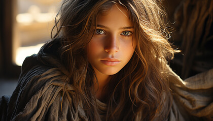 Fototapeta premium Young woman with brown hair looking at camera, exuding confidence and elegance generated by AI
