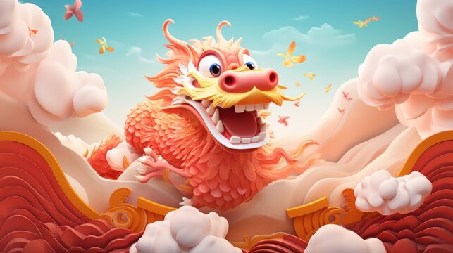 Chinese New Year Festival Cute 3D Dragon Cartoon, AI Generated