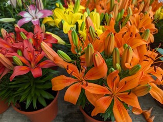 Bright and colorful orange lily (Lilium bulbiferum) blooms in brown pots