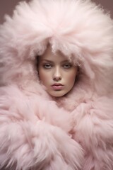 A stunning woman with pink fluffy hair gazes fiercely into the camera, her winter jacket and fur clothing adding a touch of glamour to her fierce and wild portrait, showcasing unique sense of fashion