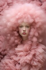 A stunning portrait of a woman with pink fluffy hair, dressed in a winter jacket and wearing clothing that exudes a wild and fluid style, evoking a sense of beauty and emotion as she stands indoor - obrazy, fototapety, plakaty