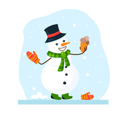 Funny flat snowman in hat and scarf on snowy background with ice cream cone. Vector cartoon illustration in bright colors. Image of cute winter mittens character with smile for holiday greeting card
