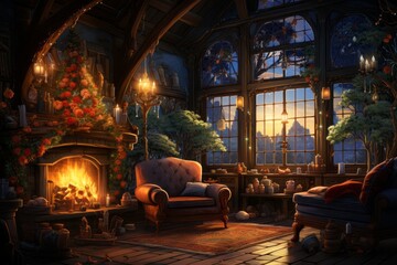 Interior of cozy home in winter, cartoon illustration, AI generated - obrazy, fototapety, plakaty