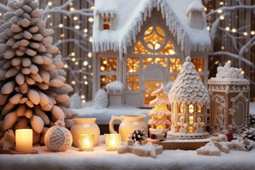 Christmas holiday in winter season decorate with gift boxes, tree and ornaments, Snowflakes background, Happy new year celebration, Special event scene with copy space.