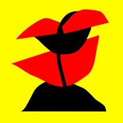 Abstract geometric art, red and black shape isolated on yellow background.