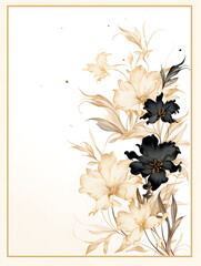 a painting of flowers with a gold frame. Abstract Beige foliage background with negative space for copy..